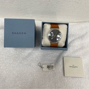 Skagen Men's Cognac Leather Ancher Gray Stainless Steel Adjustable Watch Classic